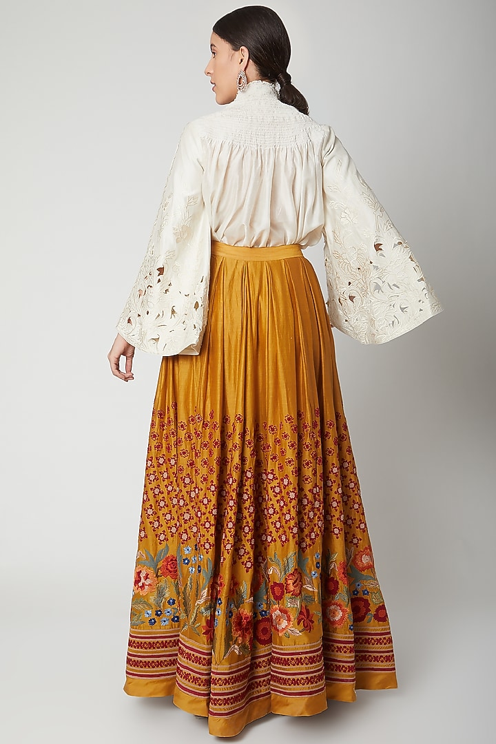 Mustard Chanderi Thread Embroidered Pleated Maxi Skirt by Chandrima at Pernia's Pop Up Shop