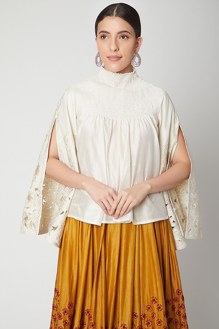 Mustard Chanderi Thread Embroidered Pleated Maxi Skirt by Chandrima at Pernia's Pop Up Shop