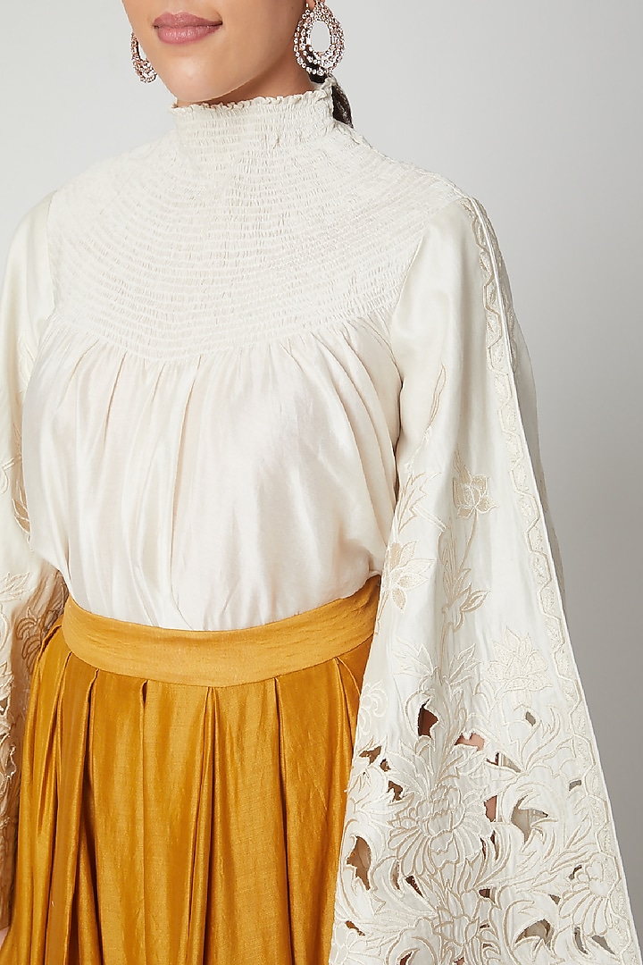 Mustard Chanderi Thread Embroidered Pleated Maxi Skirt by Chandrima at Pernia's Pop Up Shop