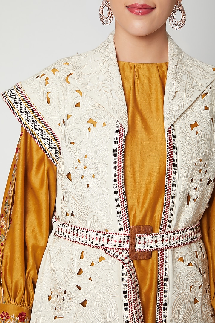 Ivory Embroidered Pleated Jacket by Chandrima at Pernia's Pop Up Shop