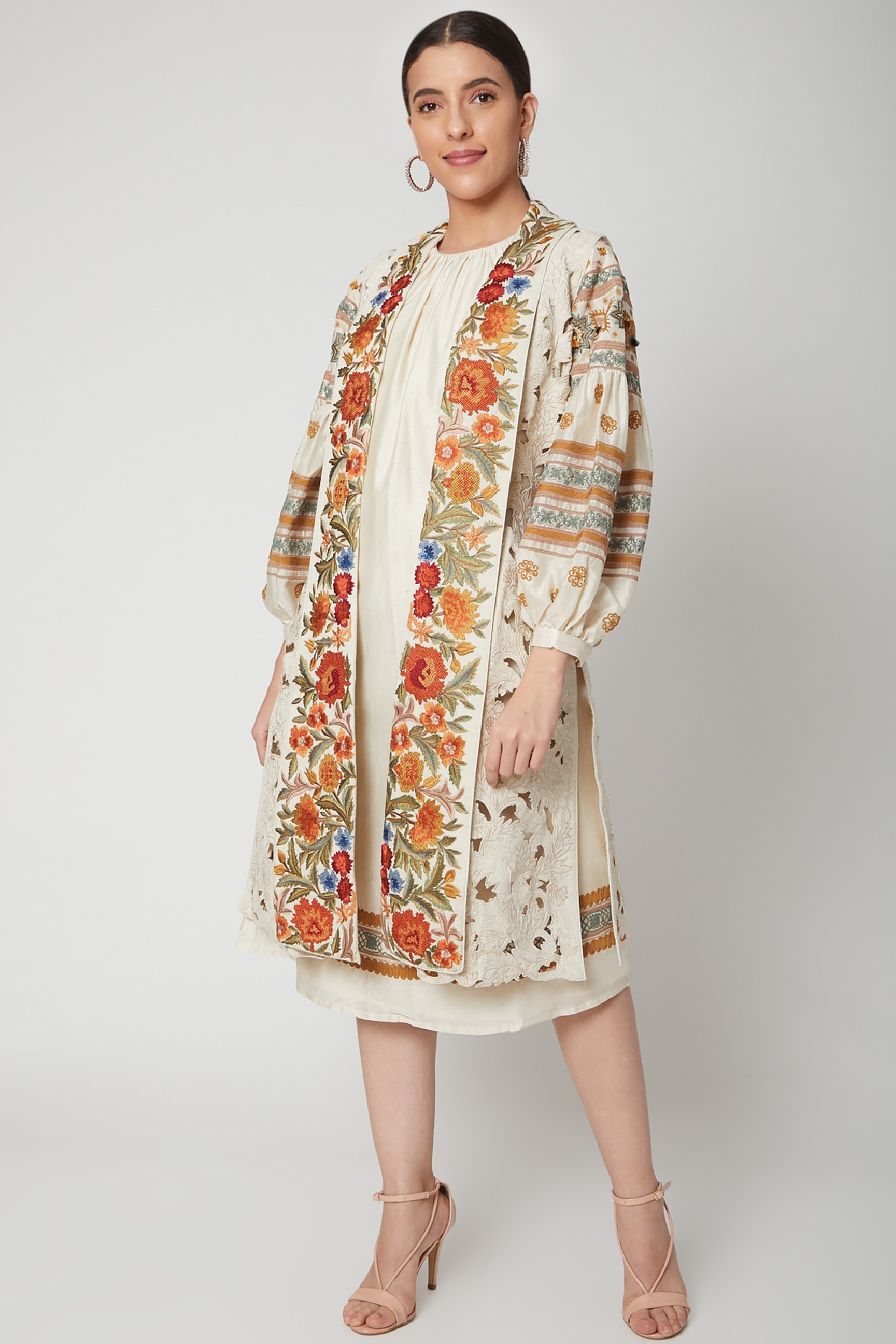 Cutwork Applique Cotton Handmade Jacket With Belt , Summer