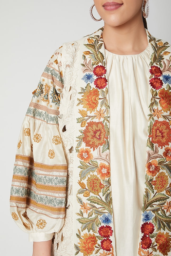 Ivory Cutwork Embroidered Jacket by Chandrima at Pernia's Pop Up Shop
