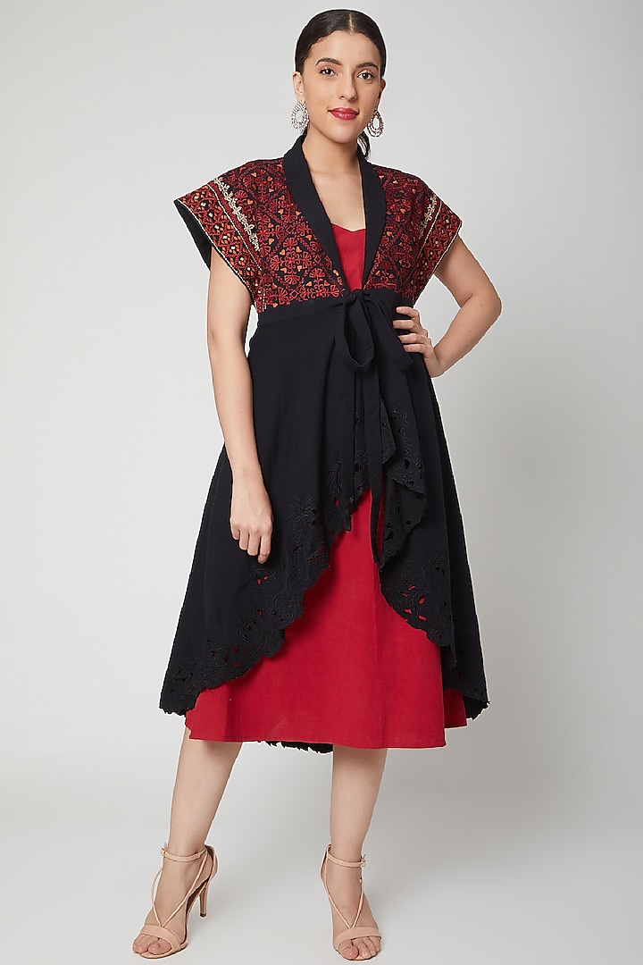Black Embroidered Jacket With Red Slip by Chandrima