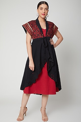 Black Embroidered Jacket With Red Slip by Chandrima