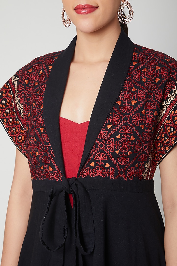 Black Embroidered Jacket With Red Slip by Chandrima at Pernia's Pop Up Shop