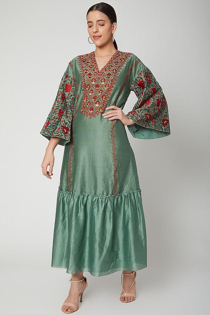 Sage Green Chanderi Cutwork Embroidered Gathered Dress by Chandrima at Pernia's Pop Up Shop