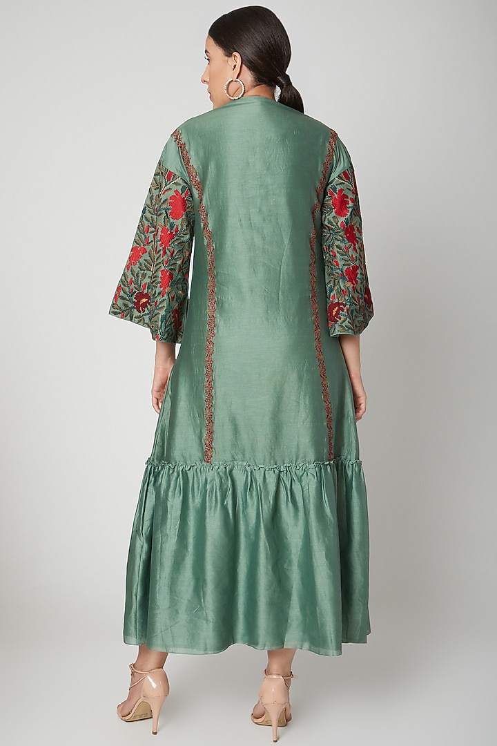 Sage Green Chanderi Cutwork Embroidered Gathered Cocktail Dress by Chandrima at Pernia's Pop Up Shop
