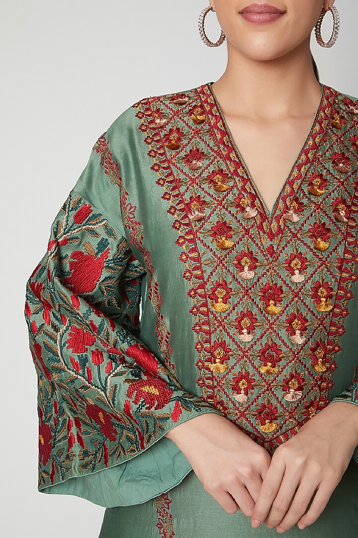 Sage Green Chanderi Cutwork Embroidered Gathered Cocktail Dress by Chandrima at Pernia's Pop Up Shop