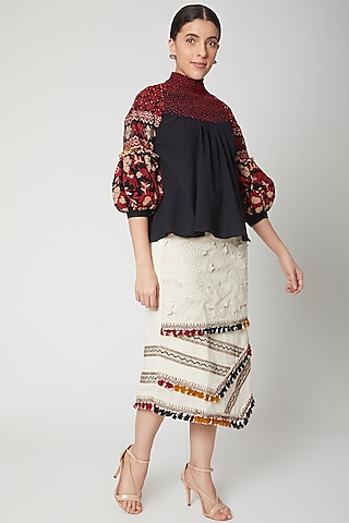 Black Embroidered Smocked Top by Chandrima
