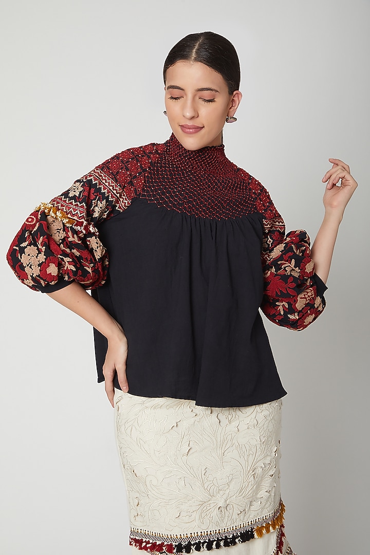 Black Embroidered Smocked Top by Chandrima at Pernia's Pop Up Shop