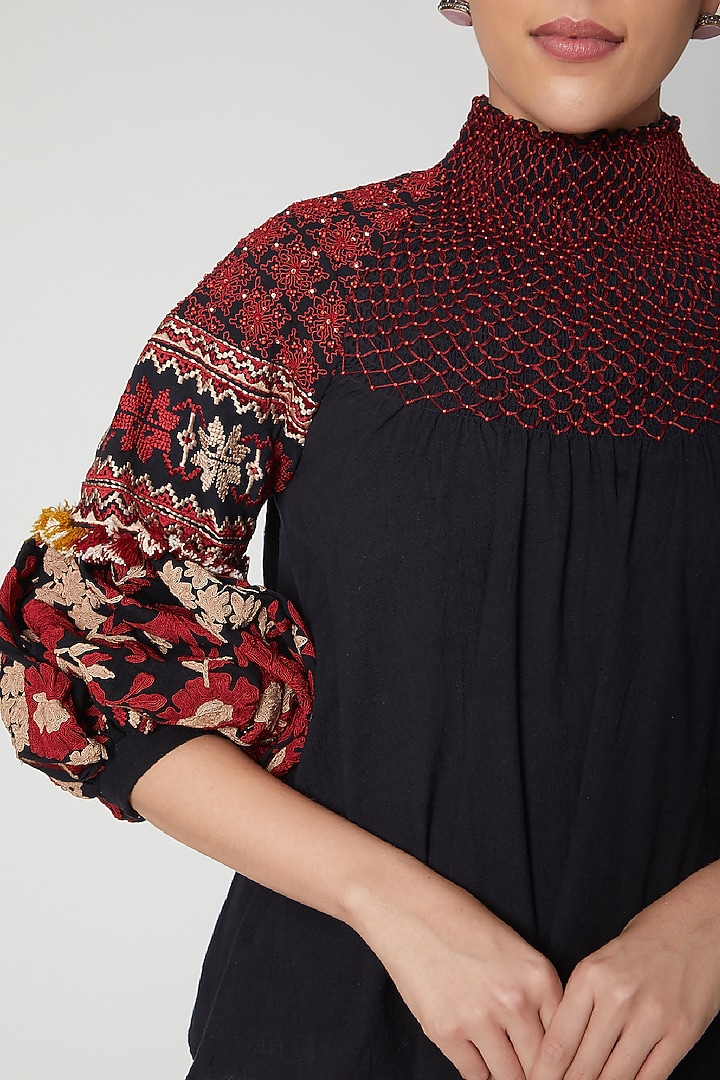 Black Embroidered Smocked Top by Chandrima at Pernia's Pop Up Shop