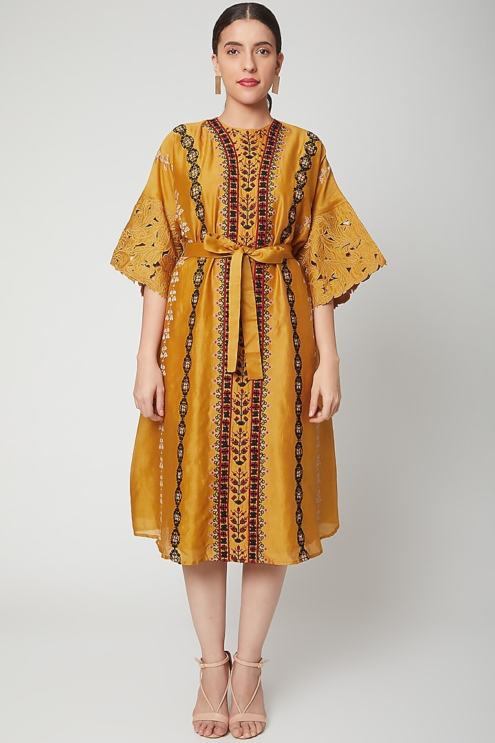 Mustard Embroidered Kurta Dress by Chandrima