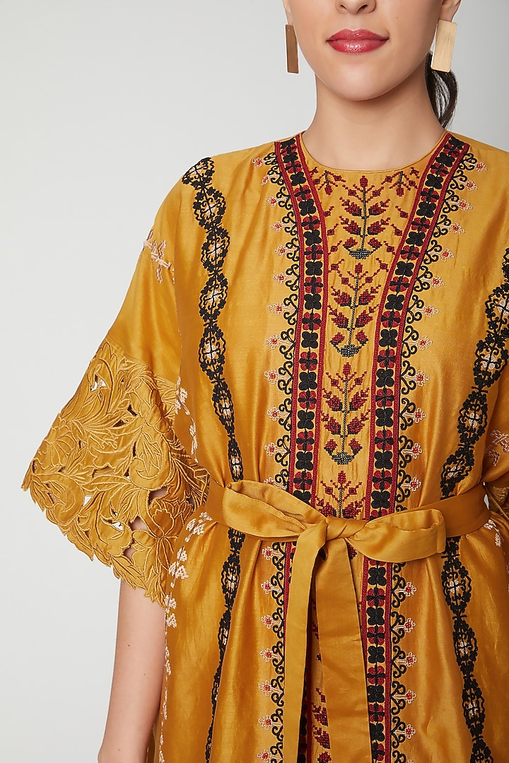 Mustard Embroidered Kurta Cocktail Dress by Chandrima at Pernia's Pop Up Shop
