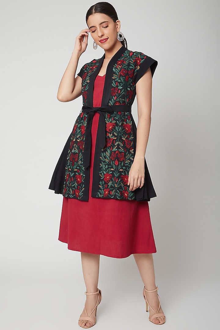 Black Embroidered Pleated Jacket With Belt by Chandrima
