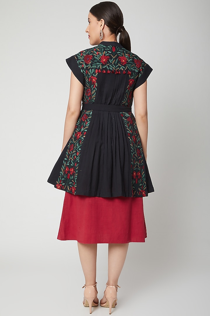 Black Embroidered Pleated Jacket With Belt by Chandrima at Pernia's Pop Up Shop
