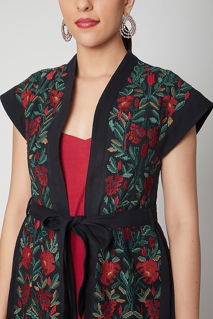 Black Embroidered Pleated Jacket With Belt by Chandrima at Pernia's Pop Up Shop