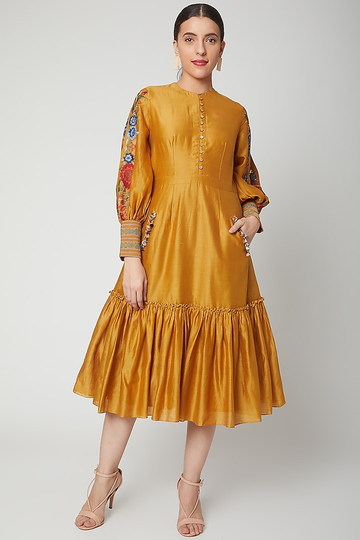 Mustard Embroidered Gathered Dress by Chandrima