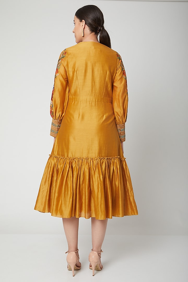 Mustard Embroidered Gathered Cocktail Dress by Chandrima at Pernia's Pop Up Shop