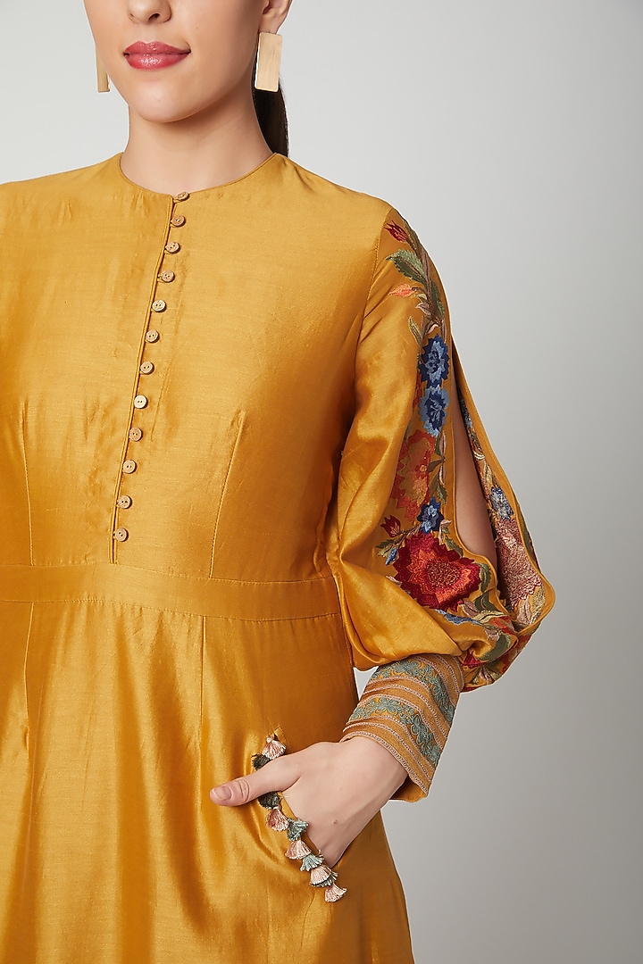Mustard Embroidered Gathered Cocktail Dress by Chandrima at Pernia's Pop Up Shop