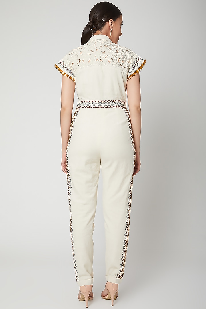 Ivory Thread Embroidered Jumpsuit by Chandrima at Pernia's Pop Up Shop