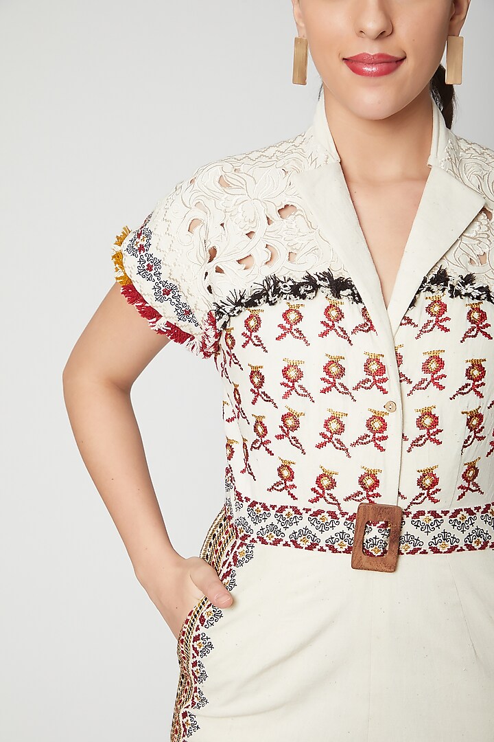Ivory Thread Embroidered Jumpsuit by Chandrima at Pernia's Pop Up Shop