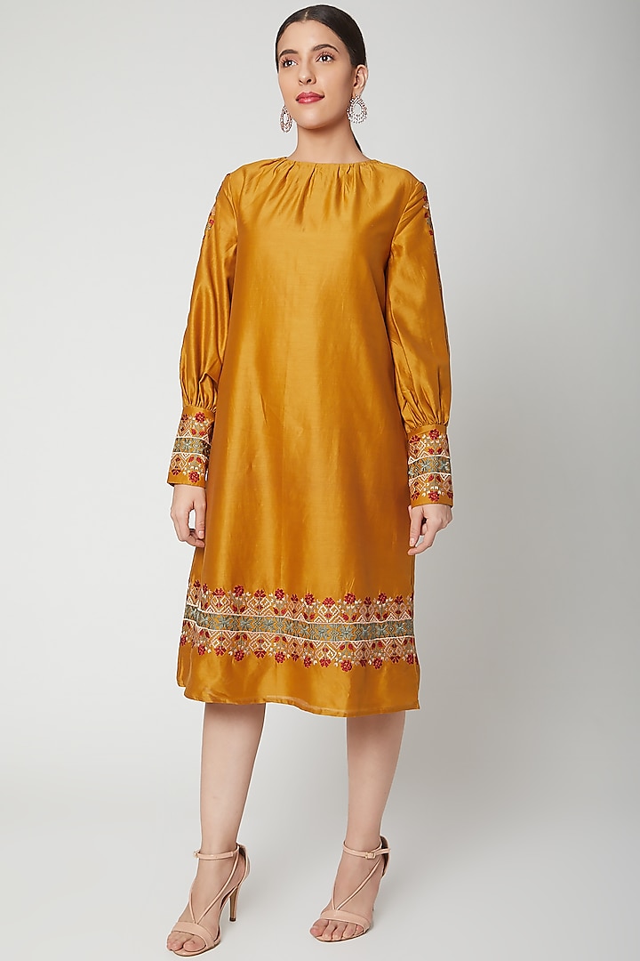 Mustard Thread Embroidered Kurta Dress by Chandrima