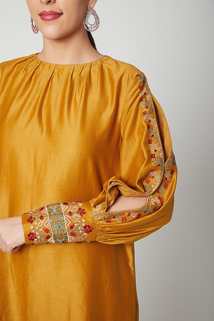 Mustard Thread Embroidered Kurta Vacation Dress by Chandrima at Pernia's Pop Up Shop