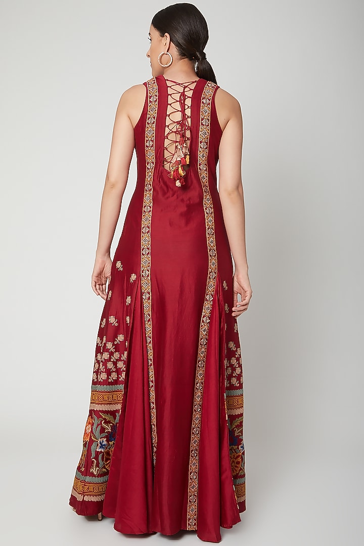 Red Chanderi Thread Embroidered Pleated Party Wear Dress by Chandrima at Pernia's Pop Up Shop