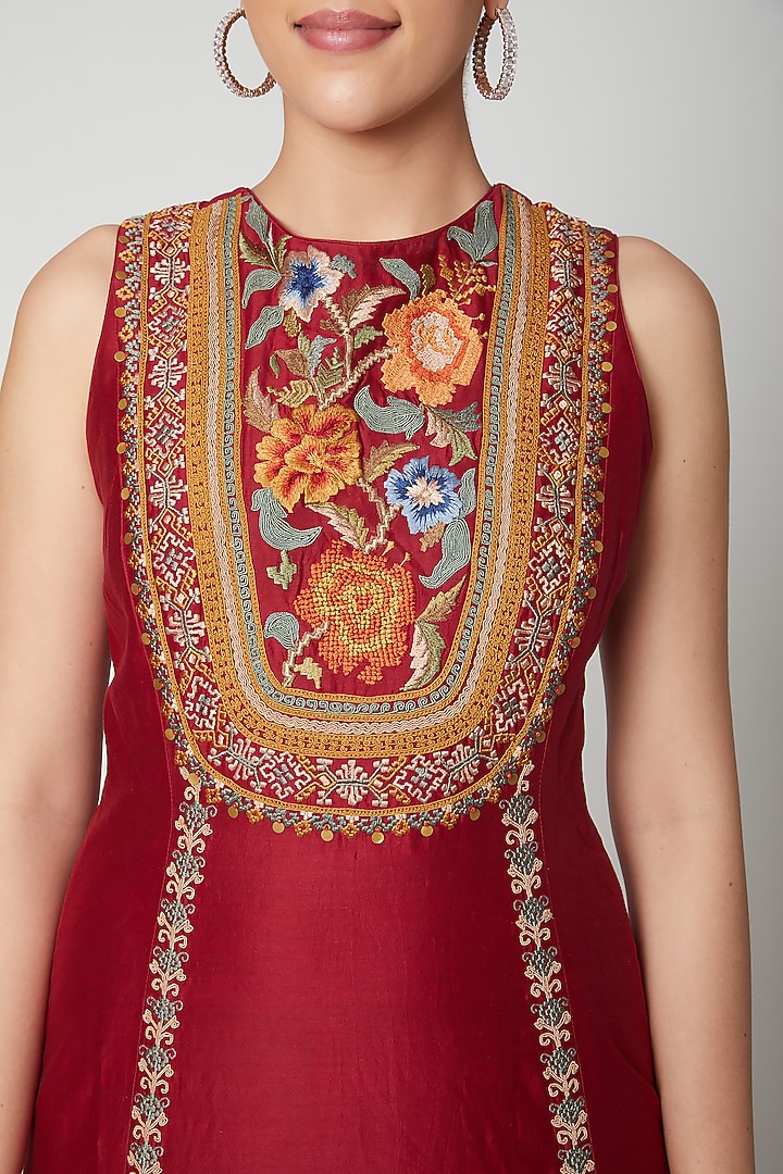 Red Chanderi Thread Embroidered Pleated Party Wear Dress by Chandrima at Pernia's Pop Up Shop