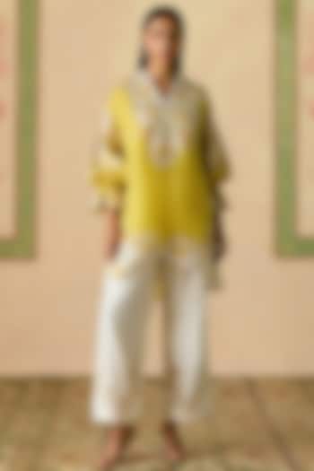 Yellow & Ivory Silk Organza Applique Work Tunic Set by Chandrima at Pernia's Pop Up Shop