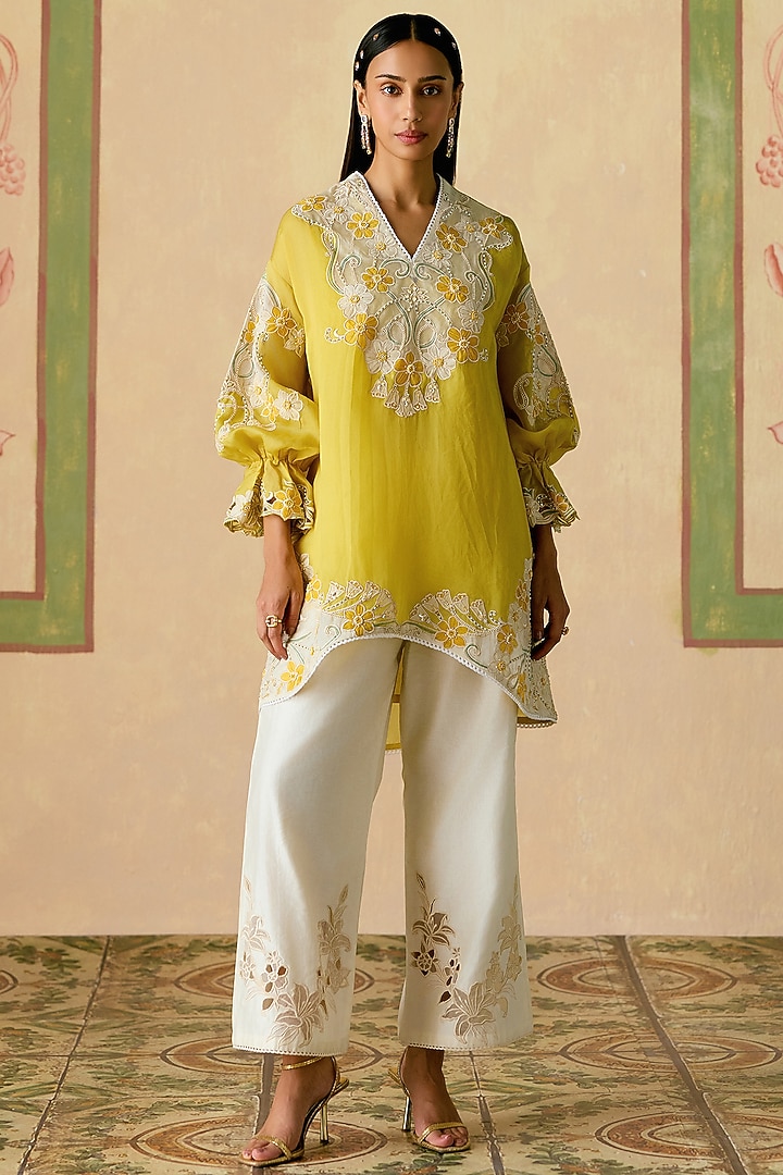 Yellow & Ivory Silk Organza Applique Work Tunic Set by Chandrima at Pernia's Pop Up Shop