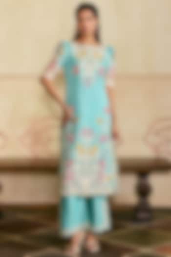Aqua Blue & Ivory Silk Organza Applique Work Kurta Set by Chandrima at Pernia's Pop Up Shop