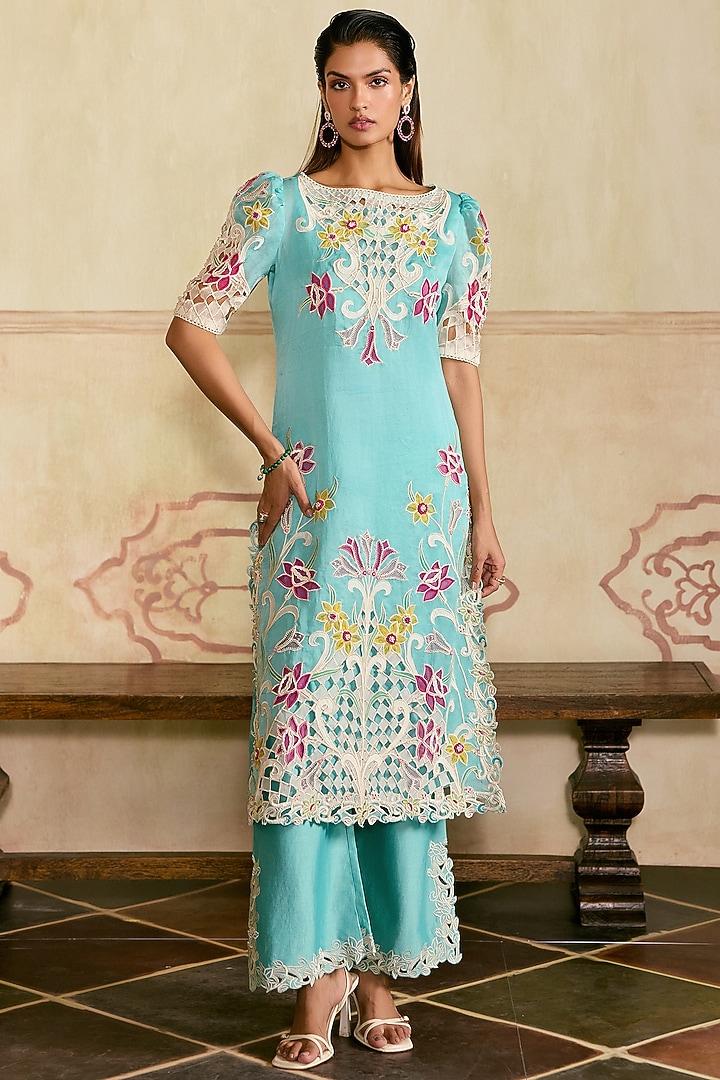 Aqua Blue & Ivory Silk Organza Applique Work Kurta Set by Chandrima at Pernia's Pop Up Shop
