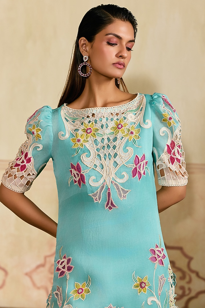 Aqua Blue & Ivory Silk Organza Applique Work Kurta Set by Chandrima at Pernia's Pop Up Shop