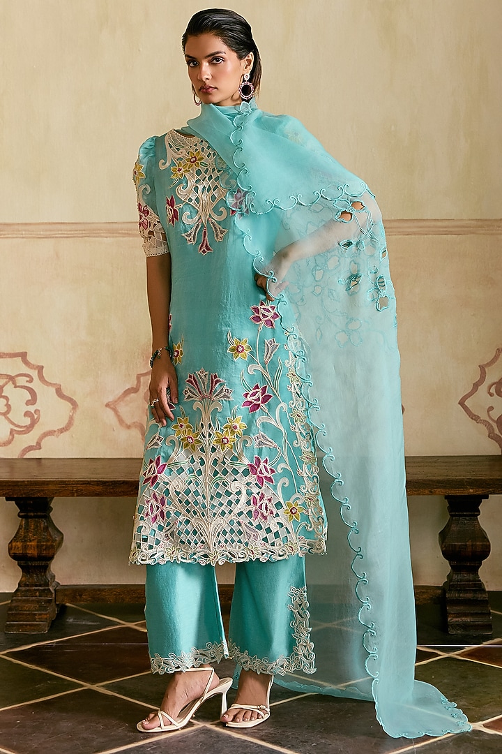 Aqua Blue & Ivory Silk Organza Applique Work Kurta Set by Chandrima at Pernia's Pop Up Shop