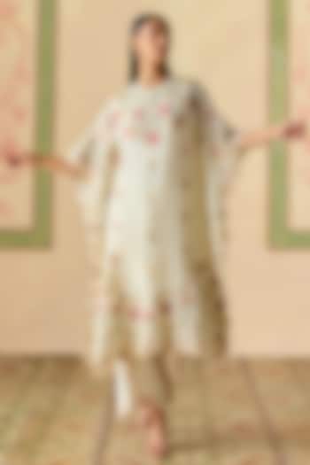 Ivory Silk Organza Floral Applique Kaftan by Chandrima at Pernia's Pop Up Shop