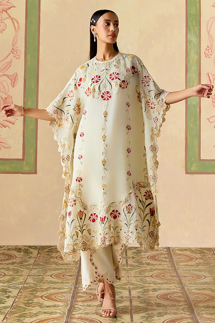Ivory Silk Organza Floral Applique Kaftan by Chandrima at Pernia's Pop Up Shop