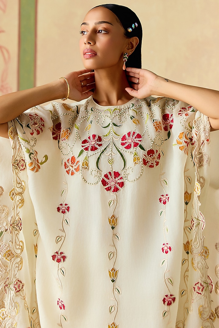Ivory Silk Organza Floral Applique Kaftan by Chandrima at Pernia's Pop Up Shop