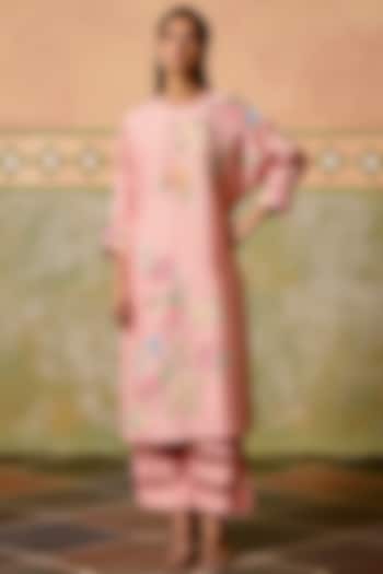 Rose Pink Chanderi Applique Work Kimono Kurta Set by Chandrima at Pernia's Pop Up Shop
