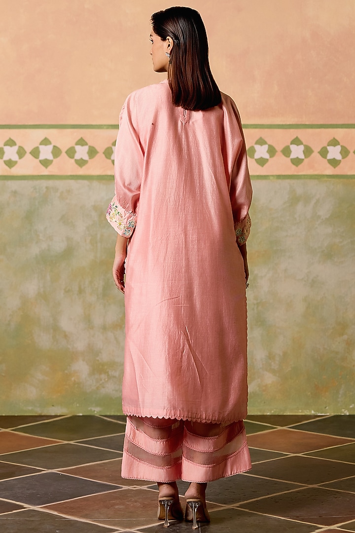 Rose Pink Chanderi Applique Work Kimono Kurta Set by Chandrima at Pernia's Pop Up Shop
