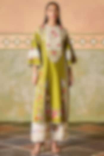 Olive Green & Ivory Chanderi Thread Work Kurta Set by Chandrima at Pernia's Pop Up Shop