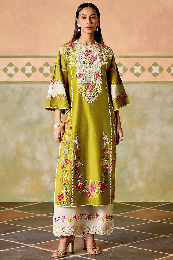 Olive Green & Ivory Chanderi Thread Work Kurta Set by Chandrima at Pernia's Pop Up Shop