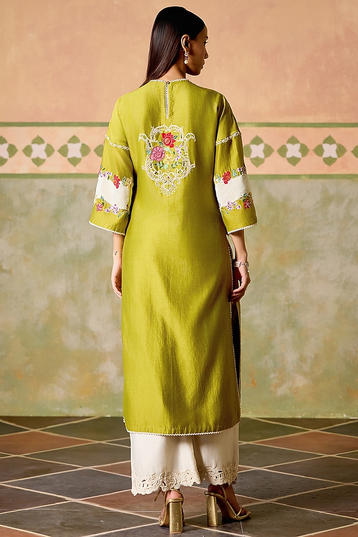 Olive Green & Ivory Chanderi Thread Work Kurta Set by Chandrima at Pernia's Pop Up Shop