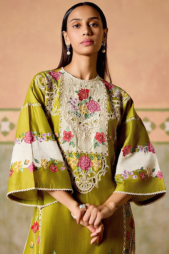 Olive Green & Ivory Chanderi Thread Work Kurta Set by Chandrima at Pernia's Pop Up Shop