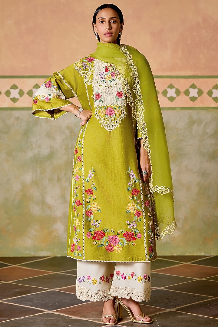 Olive Green & Ivory Chanderi Thread Work Kurta Set by Chandrima at Pernia's Pop Up Shop
