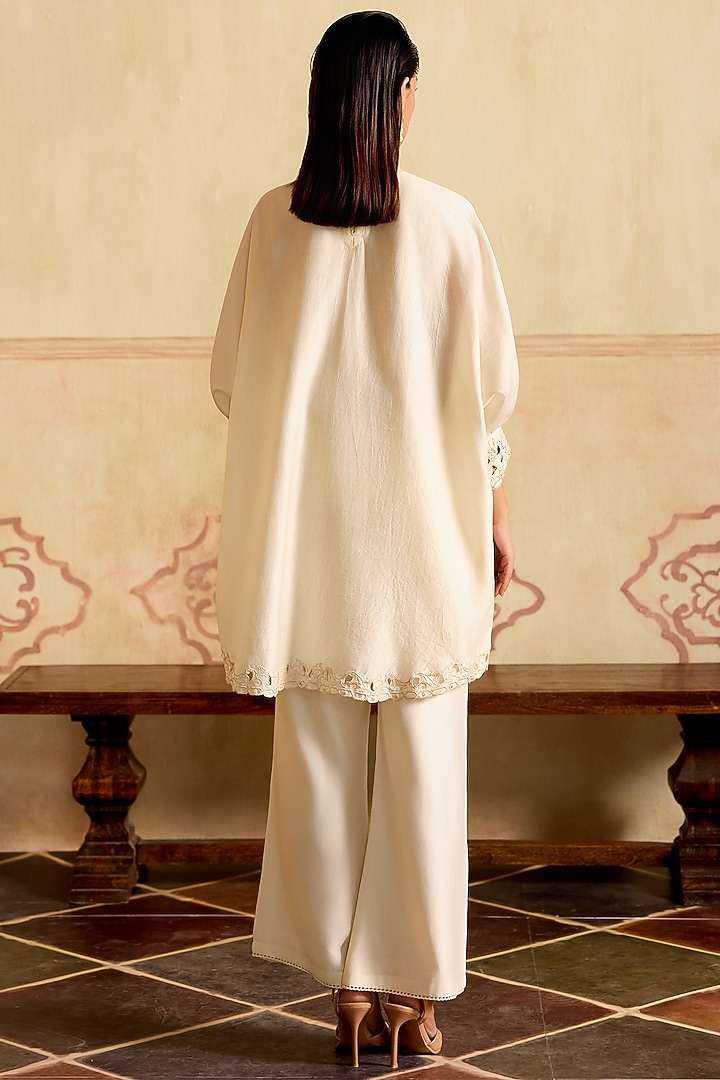 Ivory Chanderi Applique Work Kimono Tunic Set by Chandrima at Pernia's Pop Up Shop
