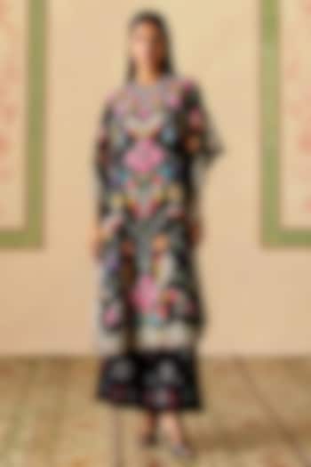 Black Silk Organza Floral Thread Work Kaftan by Chandrima at Pernia's Pop Up Shop