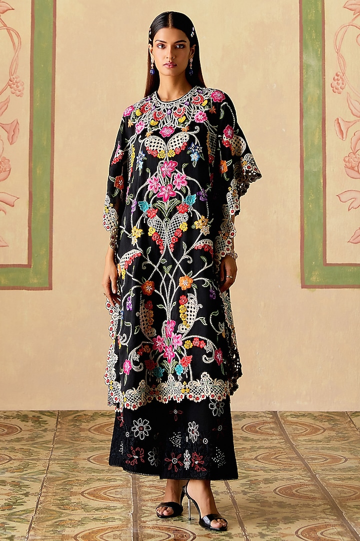 Black Silk Organza Floral Thread Work Kaftan by Chandrima at Pernia's Pop Up Shop