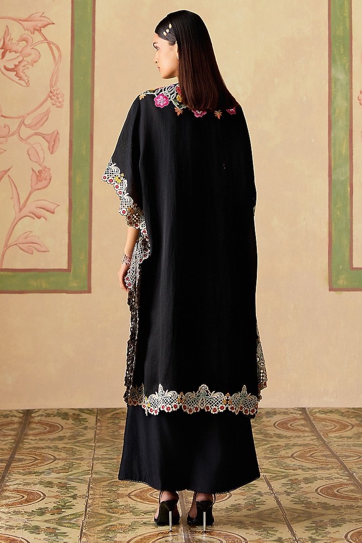 Black Silk Organza Floral Thread Work Kaftan by Chandrima at Pernia's Pop Up Shop