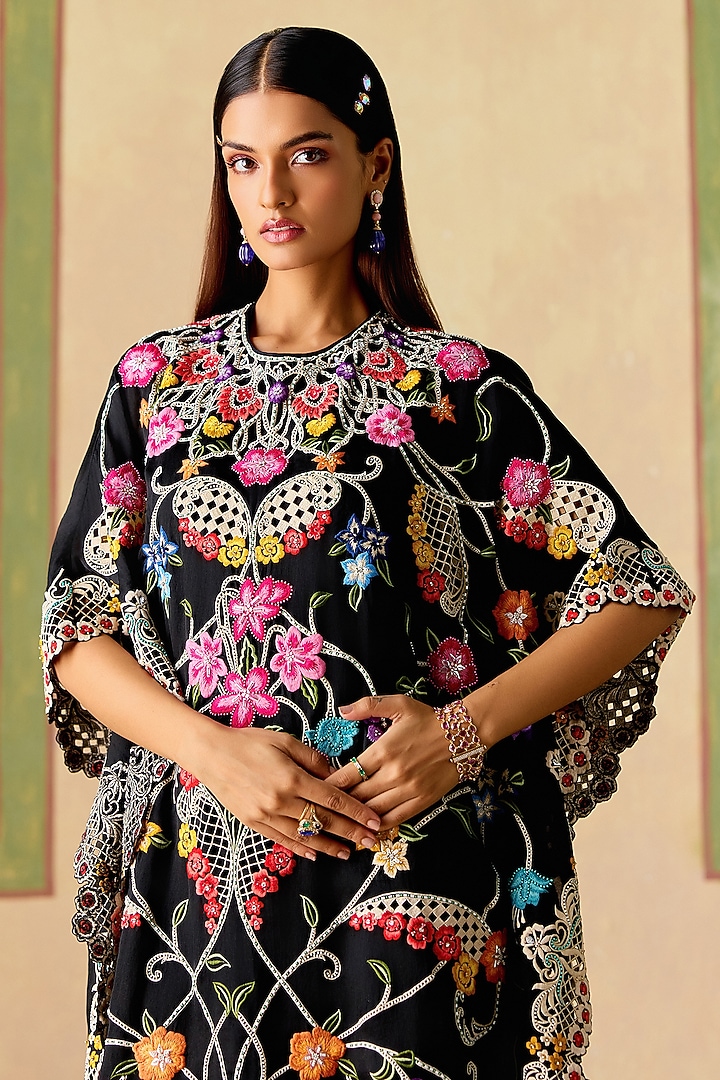 Black Silk Organza Floral Thread Work Kaftan by Chandrima at Pernia's Pop Up Shop